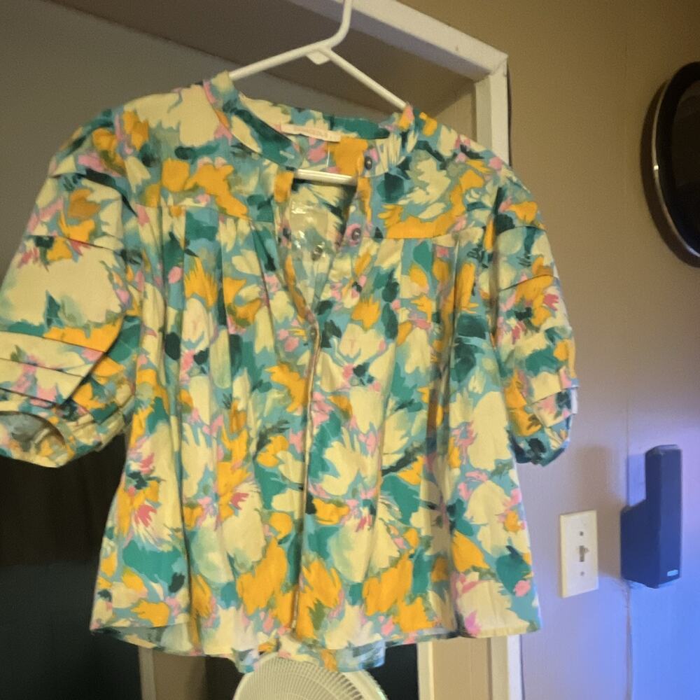 Olivaceous Women's L Blouse Multicolor Floral Pleated Button-Up Collared 3/4